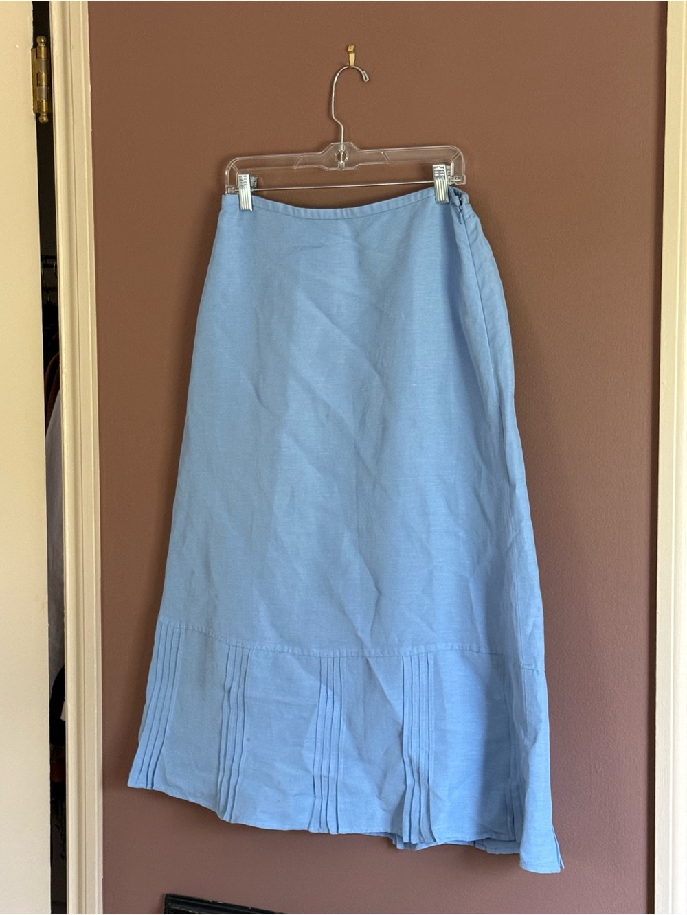 Linen Light Blue Midi Skirt with Pleated Hem